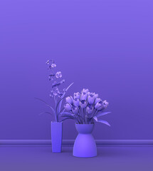 Interior room in plain monochrome violet color with group of decorative house plants, for copy space and poster frame backgrounds. 3D rendering