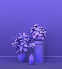Interior room in plain monochrome violet color with group of decorative house plants, for copy space and poster frame backgrounds. 3D rendering