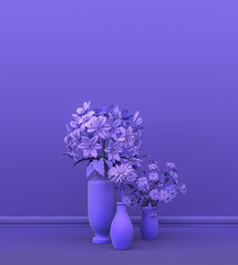 Interior room in plain monochrome violet color with group of decorative house plants, for copy space and poster frame backgrounds. 3D rendering