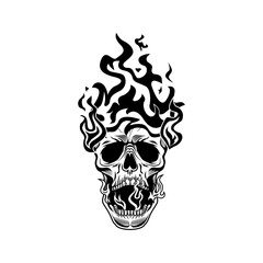 Burning head of skeleton vector illustration. Human skull in flame. Fire alarm concept for warning symbols or danger signs templates