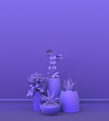 Interior room in plain monochrome violet color with group of decorative house plants, for copy space and poster frame backgrounds. 3D rendering