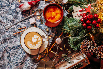 coffee and dessert in christmas decoration