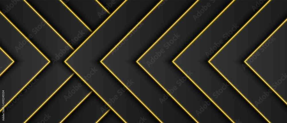Wall mural abstract gold metallic, black frame background, triangular overlap layer with yellow light line, arr