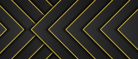 Abstract gold metallic, black frame background, triangular overlap layer with yellow light line, arrow or triangle shape, dark minimal design with copy space, vector illustration © supakritleela