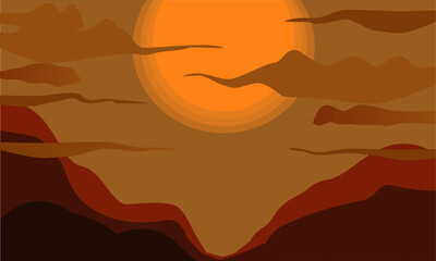 The vector image with spectacular views of mountain scenery at sunset time. The sunlight is going through the landscape. 