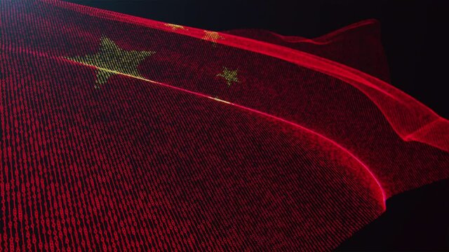 3d render. China digital flag with binary code texture flies in the wind. Seamless loop.