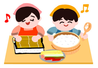 手作り恵方巻　仲良く恵方巻を作る兄弟
