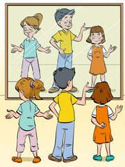 The children look at themselves in the mirror.