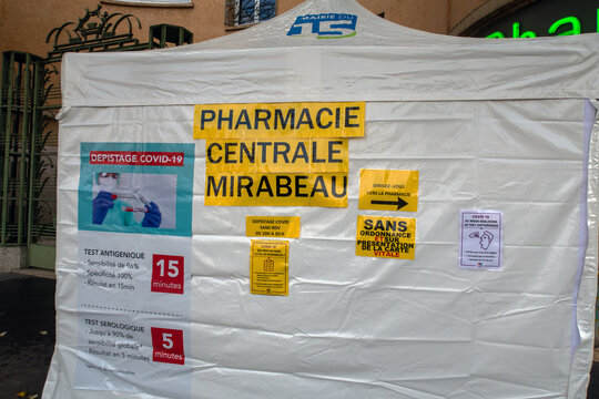 Paris, France - November 13 2020: Covid-19 Rapid testing medical tent in front of a pharmacy