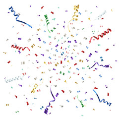 Colorful abstract design with ribbons and confetti.