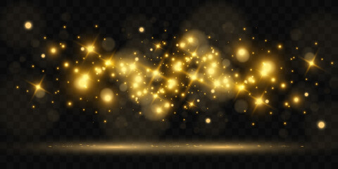 Golden confetti falls on a beautiful background. Falling streamers on stage.