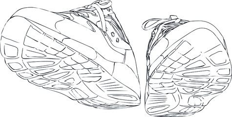 Sneakers shoes. Hand drawn black and white vector shoes. Black outline vector shoes on white background.