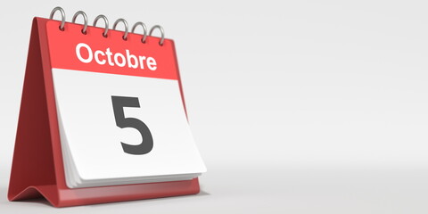 October 5 date written in French on the flip calendar page, 3d rendering