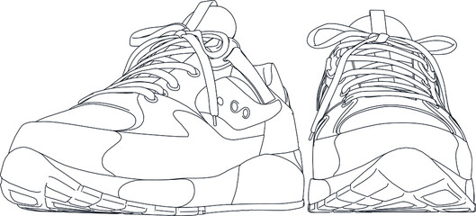 Sneakers shoes. Hand drawn black and white vector shoes. Black outline vector shoes on white background.