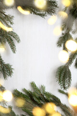 branches of a Christmas tree with garland lights and a place for an inscription in the center. holiday banner frame