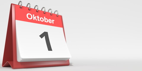 October 1 date written in German on the flip calendar page. 3d rendering