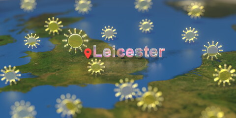 Leicester city and sunny weather icon on the map, weather forecast related 3D rendering