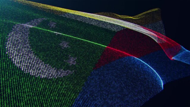 3d render. Comoros digital flag with binary code texture flies in the wind. Seamless loop.