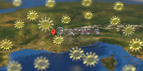 Grenoble city and sunny weather icon on the map, weather forecast related 3D rendering