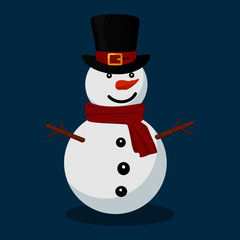 Snowman with hat and scarf isolated on blue background