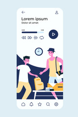 Happy dad and kids packing for holiday trip. Backpacks, suitcases, messy at home flat vector illustration. Family vacation, travel concept for banner, website design or landing web page