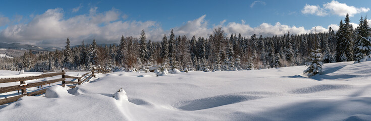 Fototapeta na wymiar Winter remote alpine mountain village outskirts, countryside hills, groves and farmlands