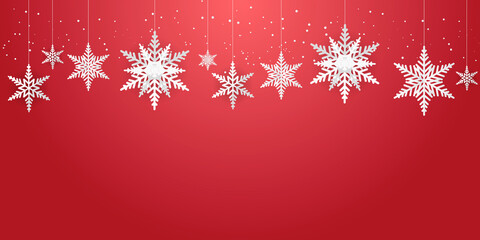Naklejka na ściany i meble Red christmas background with snowflakes in paper cut style. Vector illustration