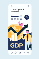Happy businessman presenting gdp growth. Man in suit with growth chart, cash and globe. Vector illustration for gross domestic product rate, global economy, national budget, inflation concepts