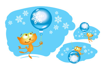 Naklejka premium Cat playing with Christmas ball on blue background