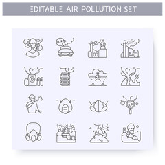 Air pollution line icons set. Factories emissions, cars, wood fires, refineries and more. Environment pollution and ecology damage concept. Isolated vector illustrations. Editable stroke 