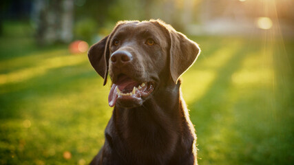 Handsome Nobel Pedigree Brown Labrador Retriever Dog Looks at Camera, Having Fun Outdoors on the Green Lawn. Portrait Shot of a Happy Young Puppy on a Sunny Day Outdoors