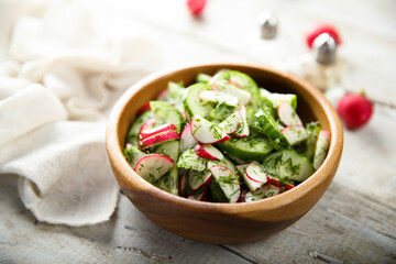 Healthy vegetable salad with cucumber and radish