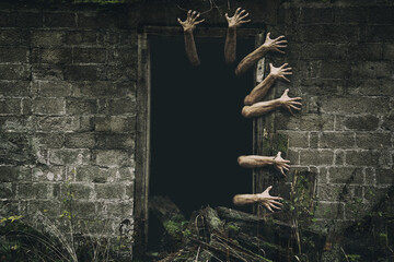 Hands coming out from the door with dark background. Scary zombie hands. - 392252394