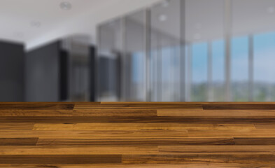 designer furniture in the reception. office with large windows. home style. Sunset. 3D rendering. Abstract blur phototography. wooden table on blurred background.