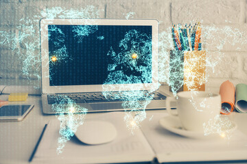 Computer on desktop with social network hologram. Multi exposure. Concept of international people...