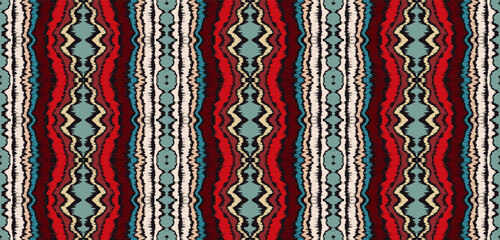 Ikat border. Geometric folk ornament. Ink on clothes. Tribal vector texture. Seamless striped pattern in Aztec style. Ethnic embroidery. Indian, Scandinavian, Gypsy, Mexican, African rug.