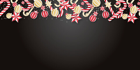 Merry Christmas and happy New Year background on black style background with snowflake, star, ball, and candy