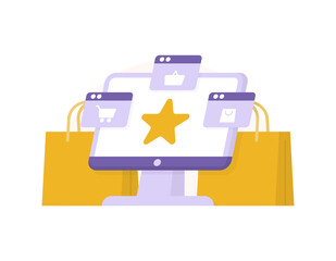 Fototapeta premium the concept of online shopping, marketplace, e-commerce, online shop. illustration of a computer monitor, shopping cart and bag symbol, star. flat style. design element or icon