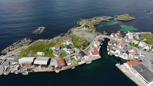 Norway Karmoy island drone view. Akrehamn harbor town aerial view.