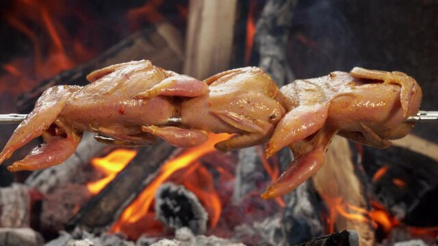 Delicious marinated quail carcasses are rotating on the skewer on the open fire outdoors
