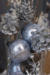 Christmas decorations with blue balls and silver colors. Christmas 2020