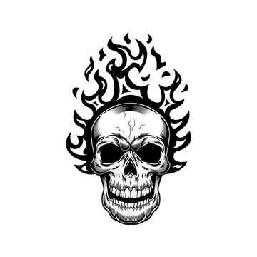 Head of skeleton in flame vector illustration. Burning human skull. Fire show concept for emblems or labels templates