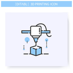 3d printing line icon. New product under printing head. 3d modeling or rendering process. Additive Manufacturing, fabber technology, prototyping industry. Isolated vector illustration.Editable stroke 