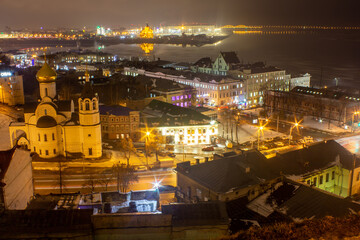 Russia, Nizhny Novgorod - 28.12.2017: night view of Nizhny Novgorod, building for the 2018 FIFA World Cup in Russia, church, night city.