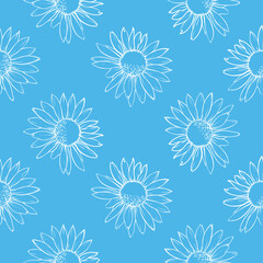 Blue floral seamless pattern. White daisies. Hand drawn vector illustration.