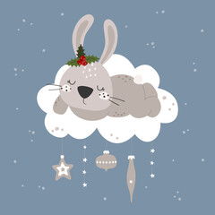 Obraz na płótnie Canvas Merry Christmas and New Year greeting card. Christmas Clipart with cute bunny. Vector illustration.