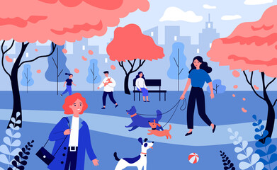Positive people walking dogs. Dog owners with pets on with leash in city park flat vector illustration. Animal care, hobby, lifestyle concept for banner, website design or landing web page