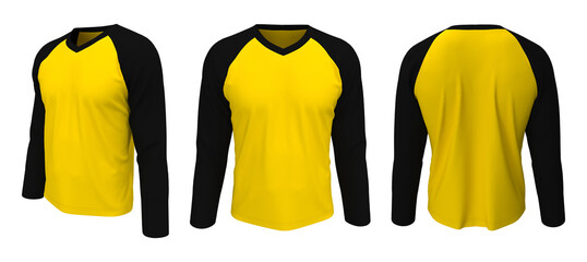 Long sleeves v-neck raglan t-shirt mockup in front, side and back views. 3d illustration, 3d rendering
