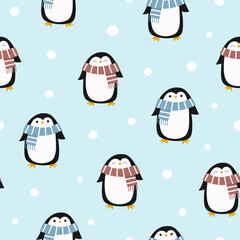 Penguins wearing scarf and hat, on a snowy blue background. Winter holiday vector repeat pattern.