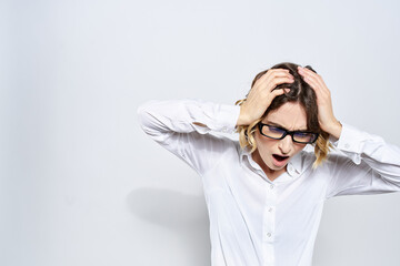 Woman business finance glasses work office light background portrait model